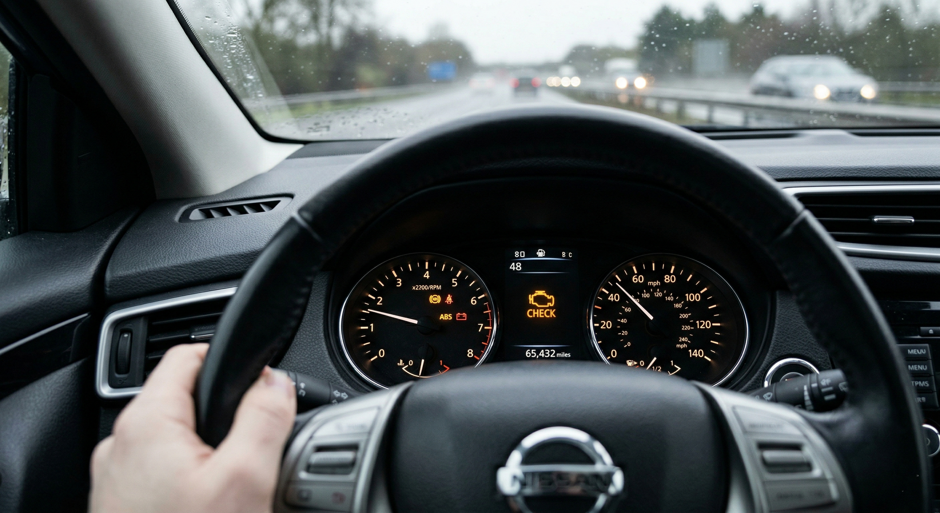 A person driving a Nissan vehicle on a rainy highway, with the check engine light illuminated on the dashboard.