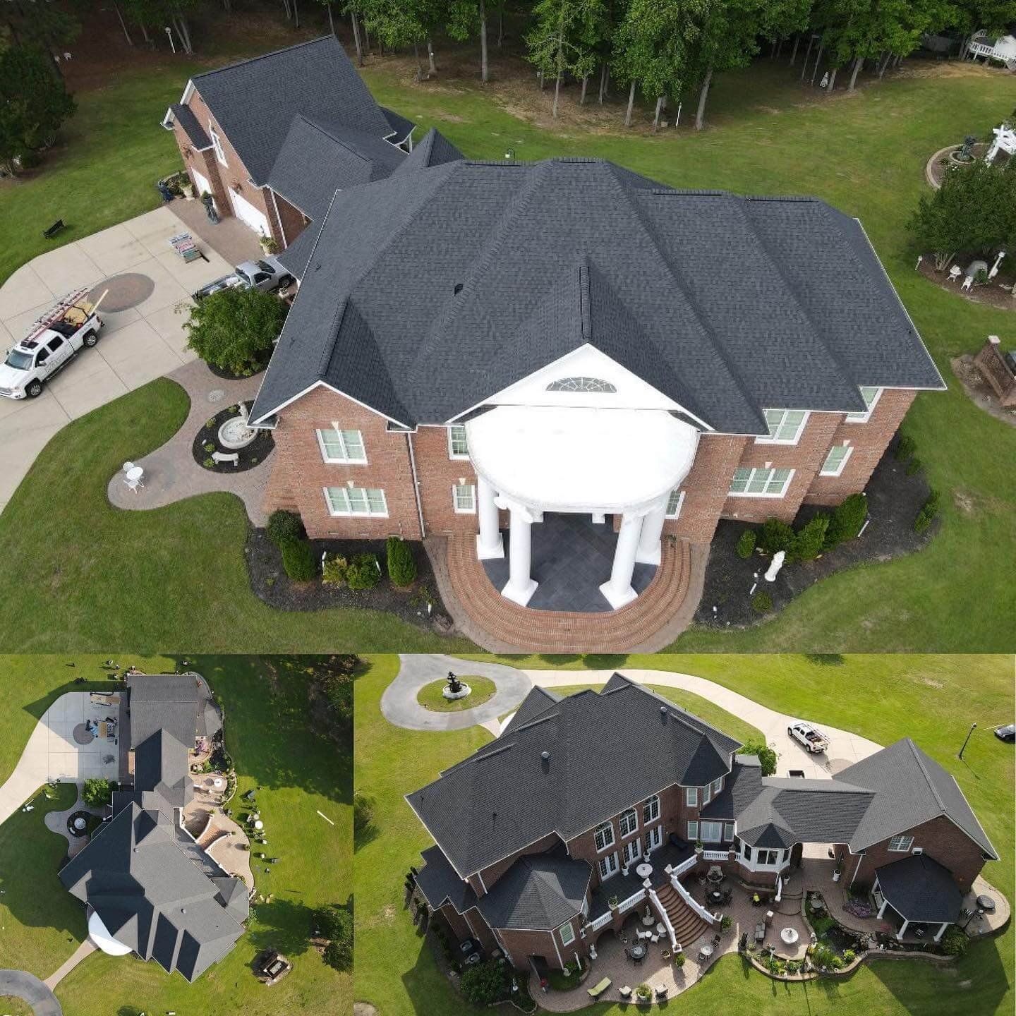 An aerial view of a large brick house with a black roof