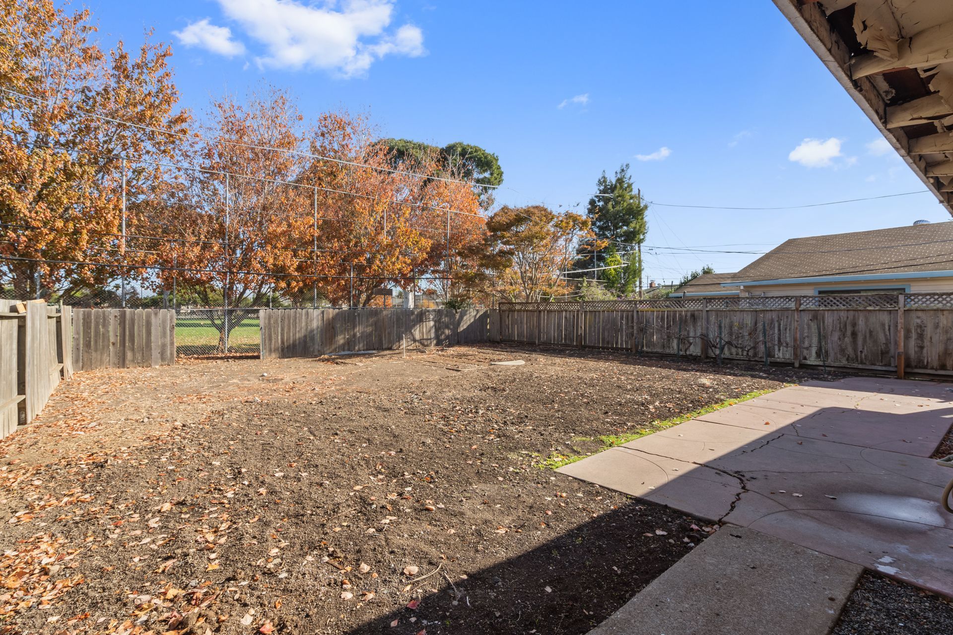 A backyard with a fence and a lot of leaves on the ground.