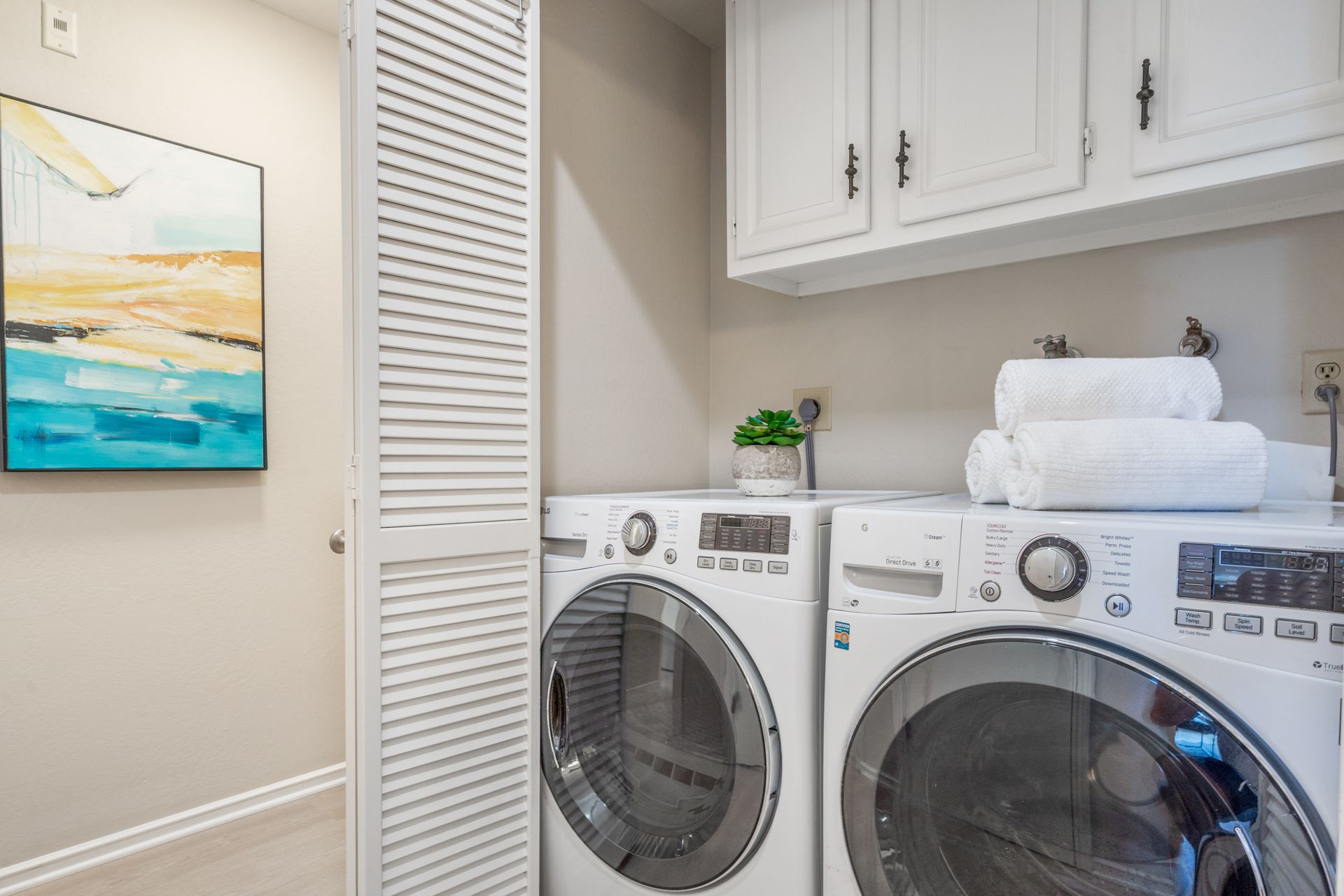 A laundry room with a washer and dryer and a painting on the wall.