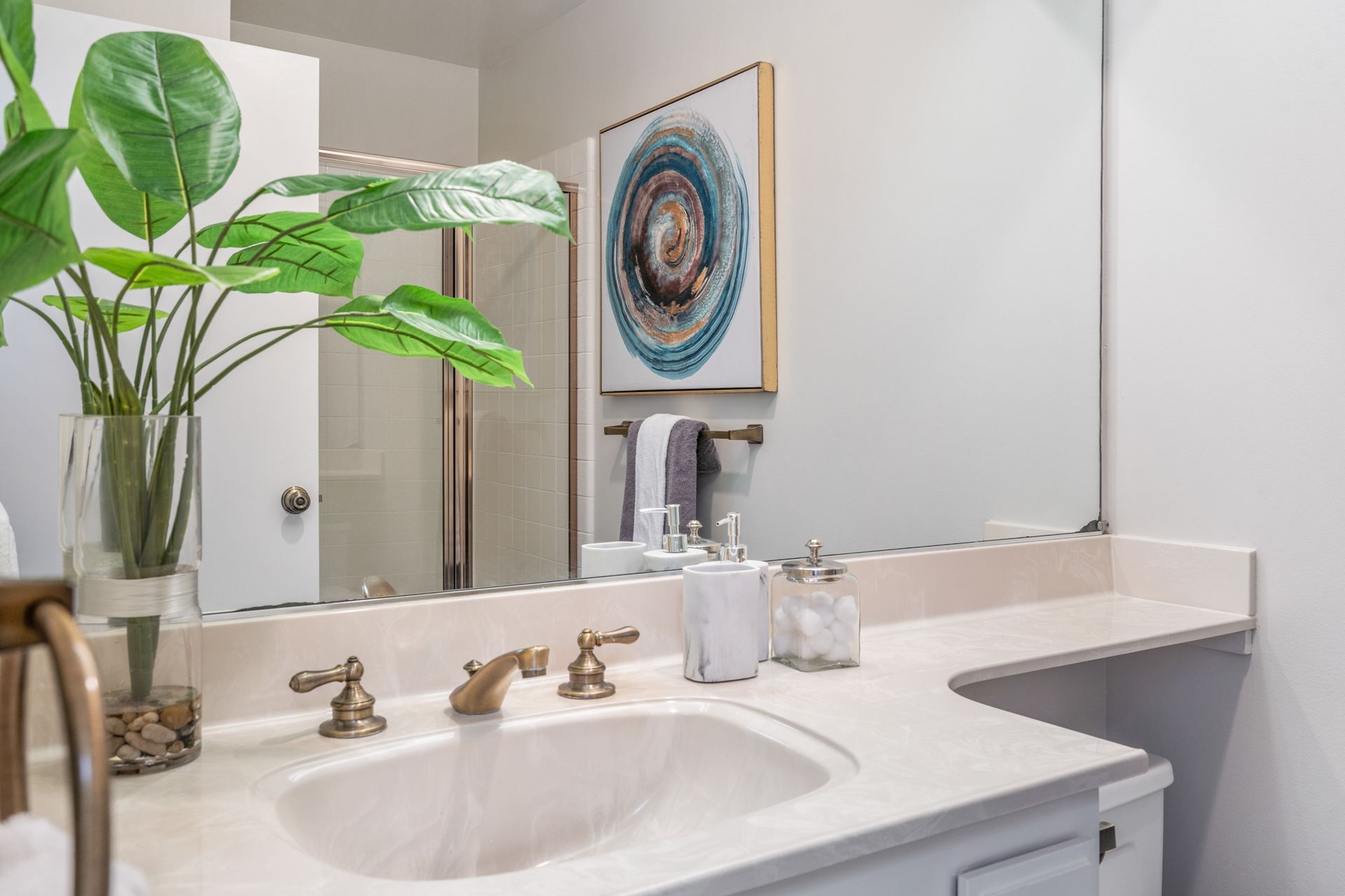 A bathroom with a sink , mirror and plant.