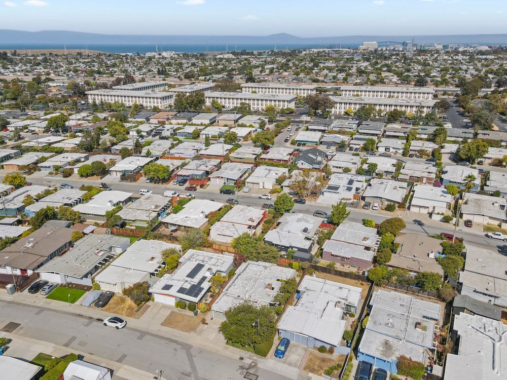Aerial view of San Mateo neighborhood, presented by Rumana Jabeen & Associates to help buyers explore community setting and show sellers how lifestyle is marketed.