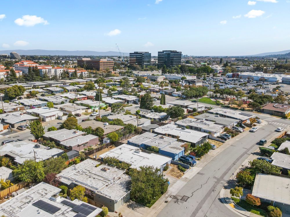 Aerial view of San Mateo neighborhood, presented by Rumana Jabeen & Associates to help buyers explore community setting and show sellers how lifestyle is marketed.