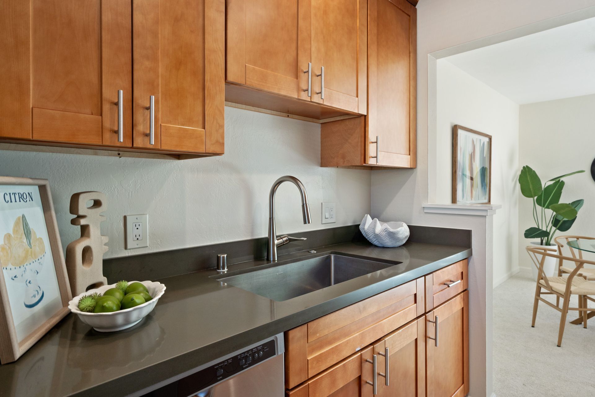 A kitchen with wooden cabinets , a sink , and a dishwasher.