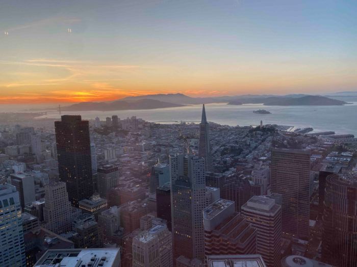 An aerial view of the city of san francisco at sunset.