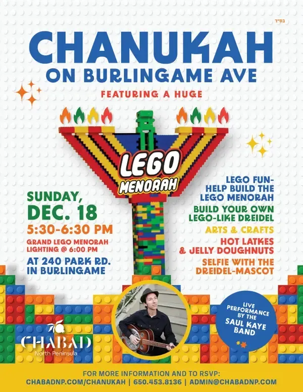 A poster for chanukah on burlingame ave featuring a huge lego menorah