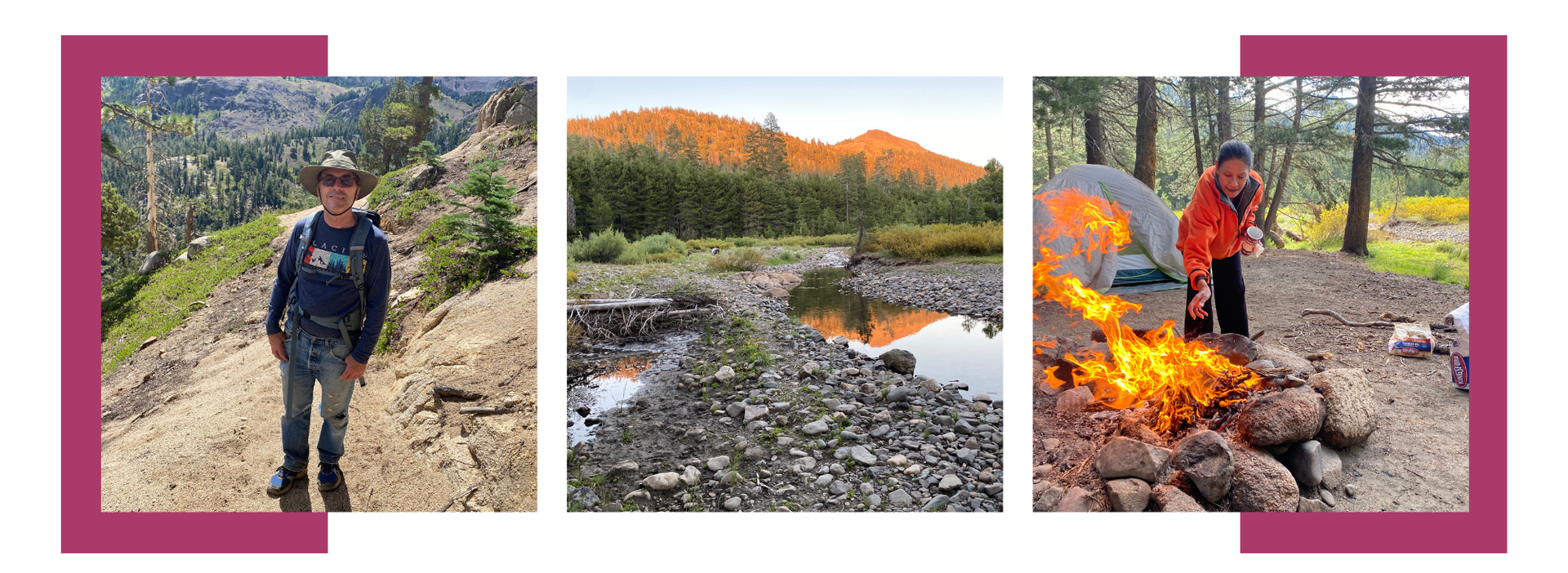 A collage of three pictures of a person standing on a trail , a tent , and a campfire.