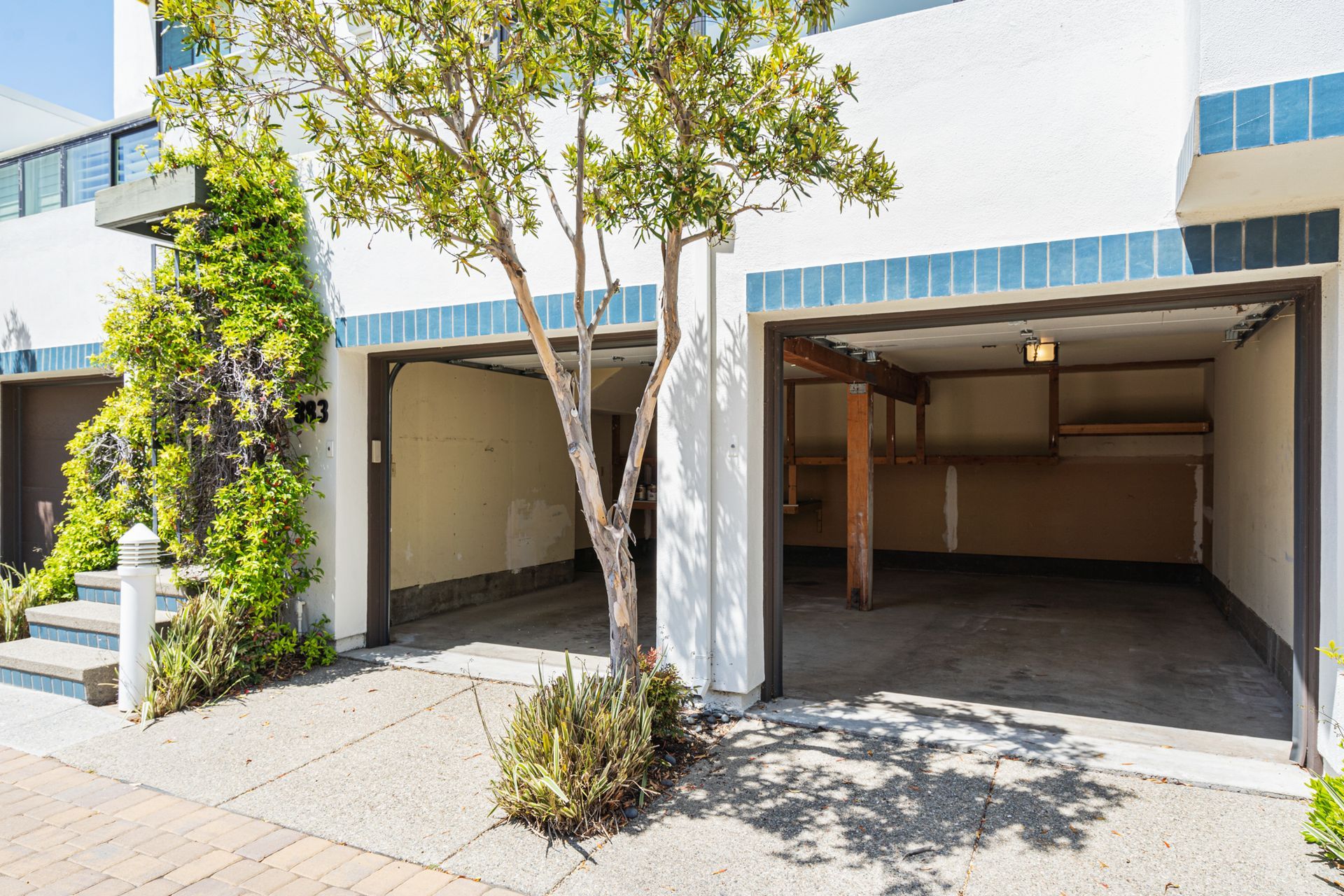 A white building with a tree in front of it