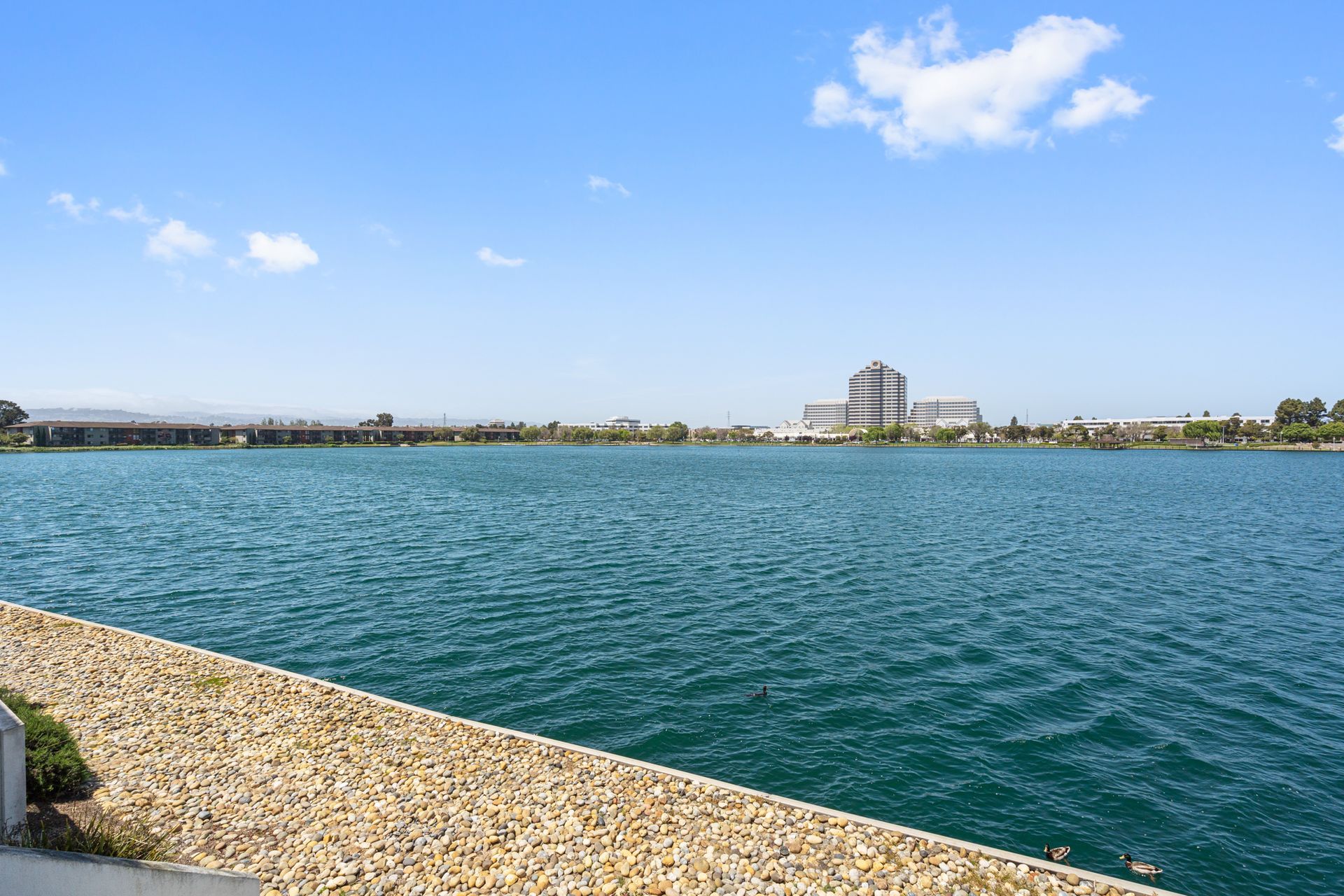 A large body of water with a building in the distance.