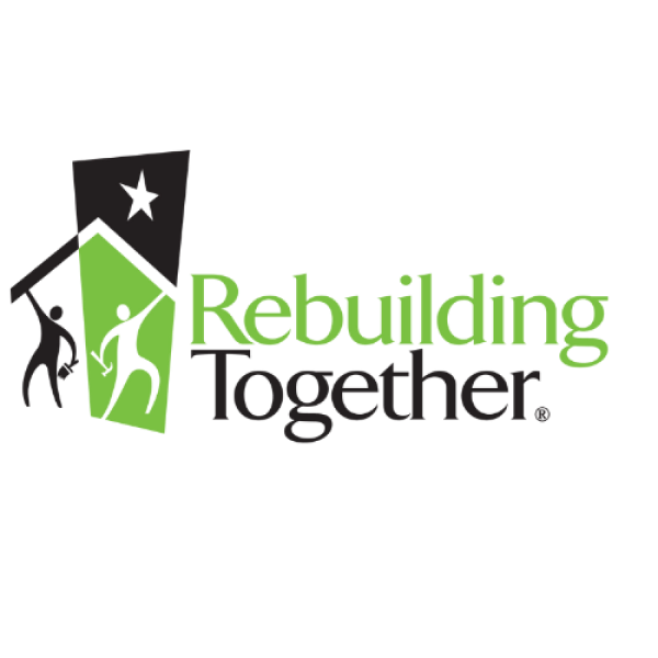 A logo for rebuilding together with a man holding a flag