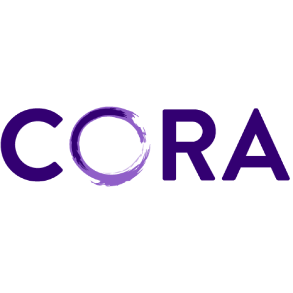 The word cora is written in purple letters on a white background.