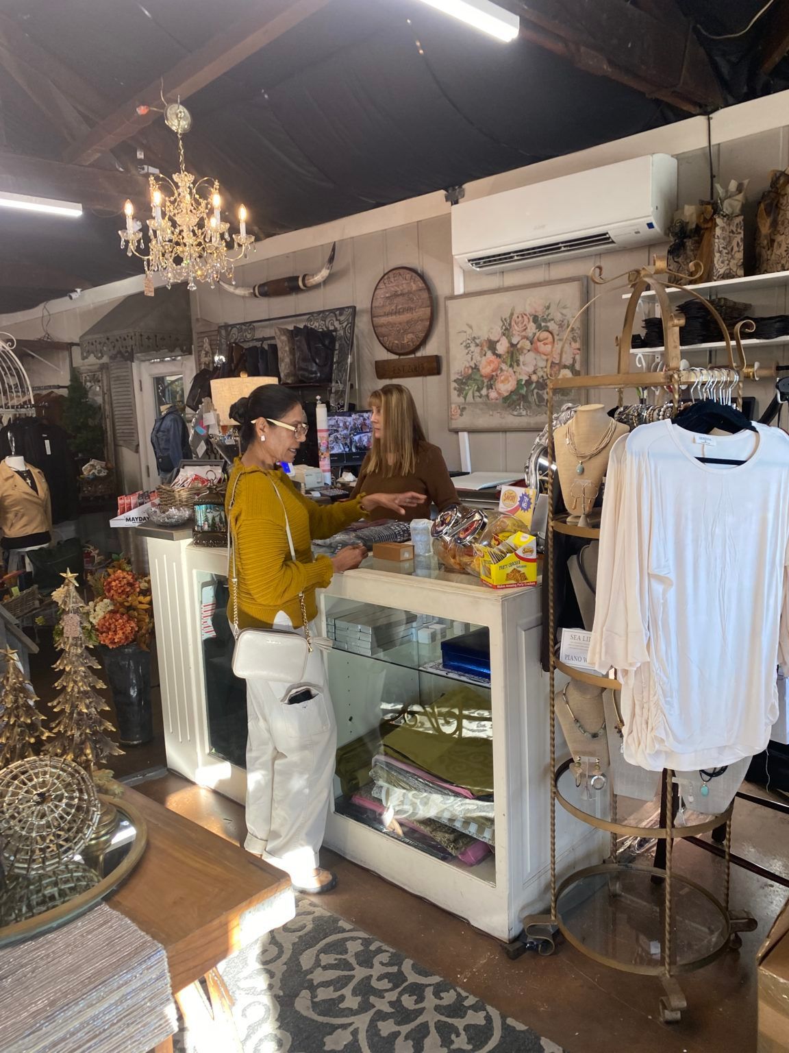 A woman is standing at a counter in a store.