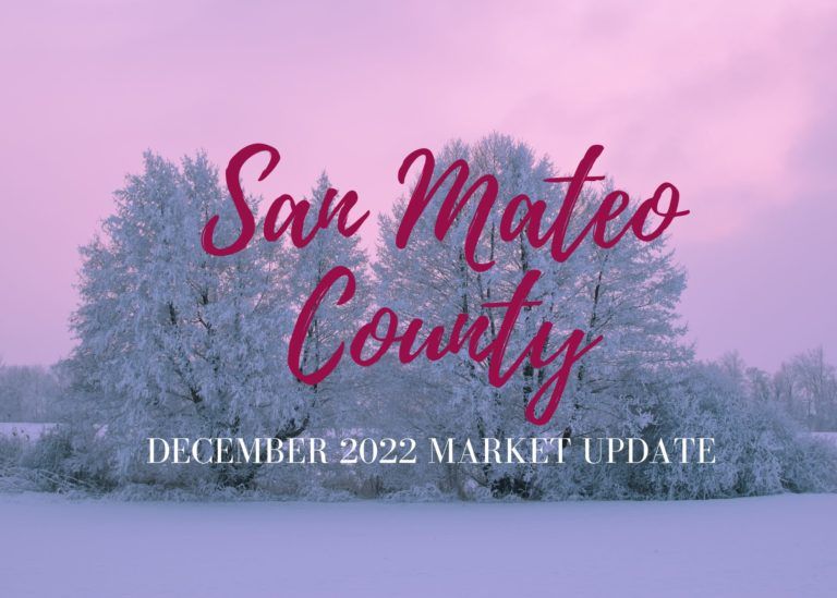 A picture of a snowy forest with the words san mateo county december 2022 market update.