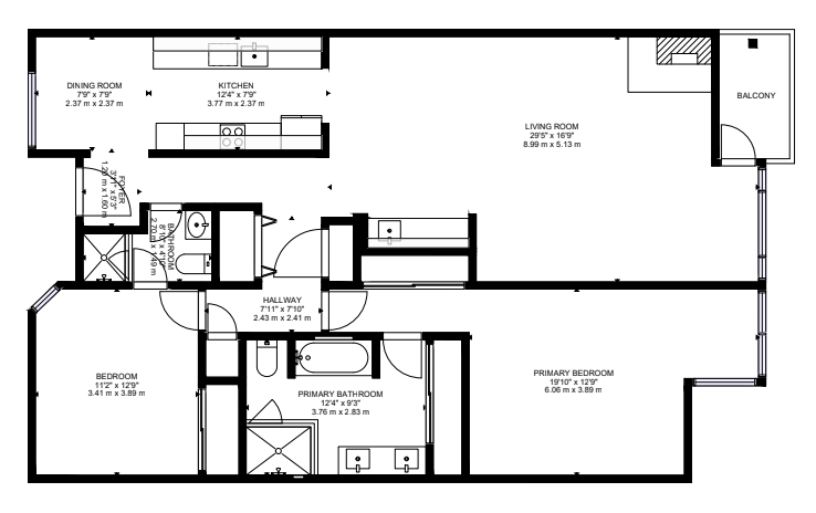 A black and white floor plan of a house with a balcony.