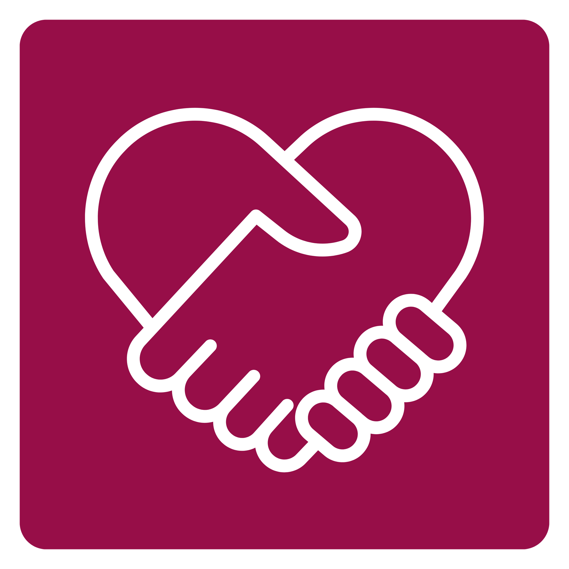 A handshake in the shape of a heart on a red background.