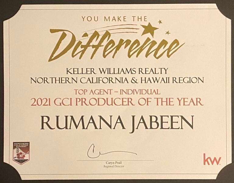 Keller williams realty northern california & hawaii region top agent - individual 2021 gci producer of the year rumana jabeen