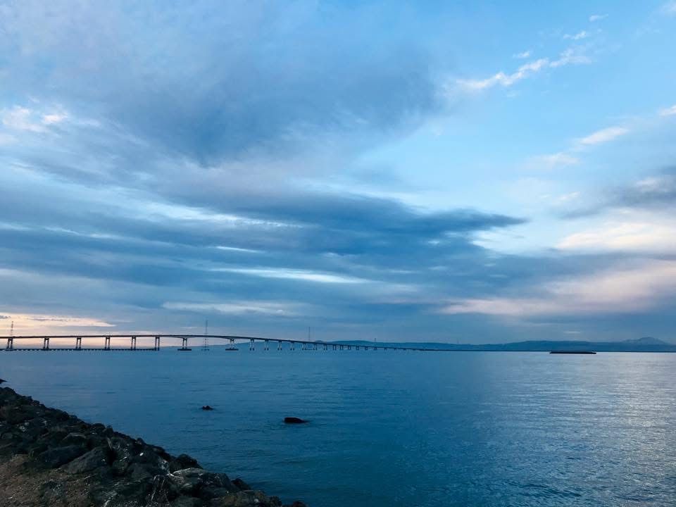 A large body of water with a bridge in the distance.