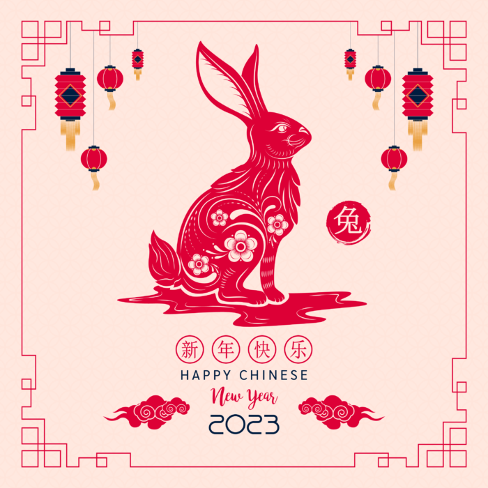 It is a chinese new year card with a rabbit and lanterns.
