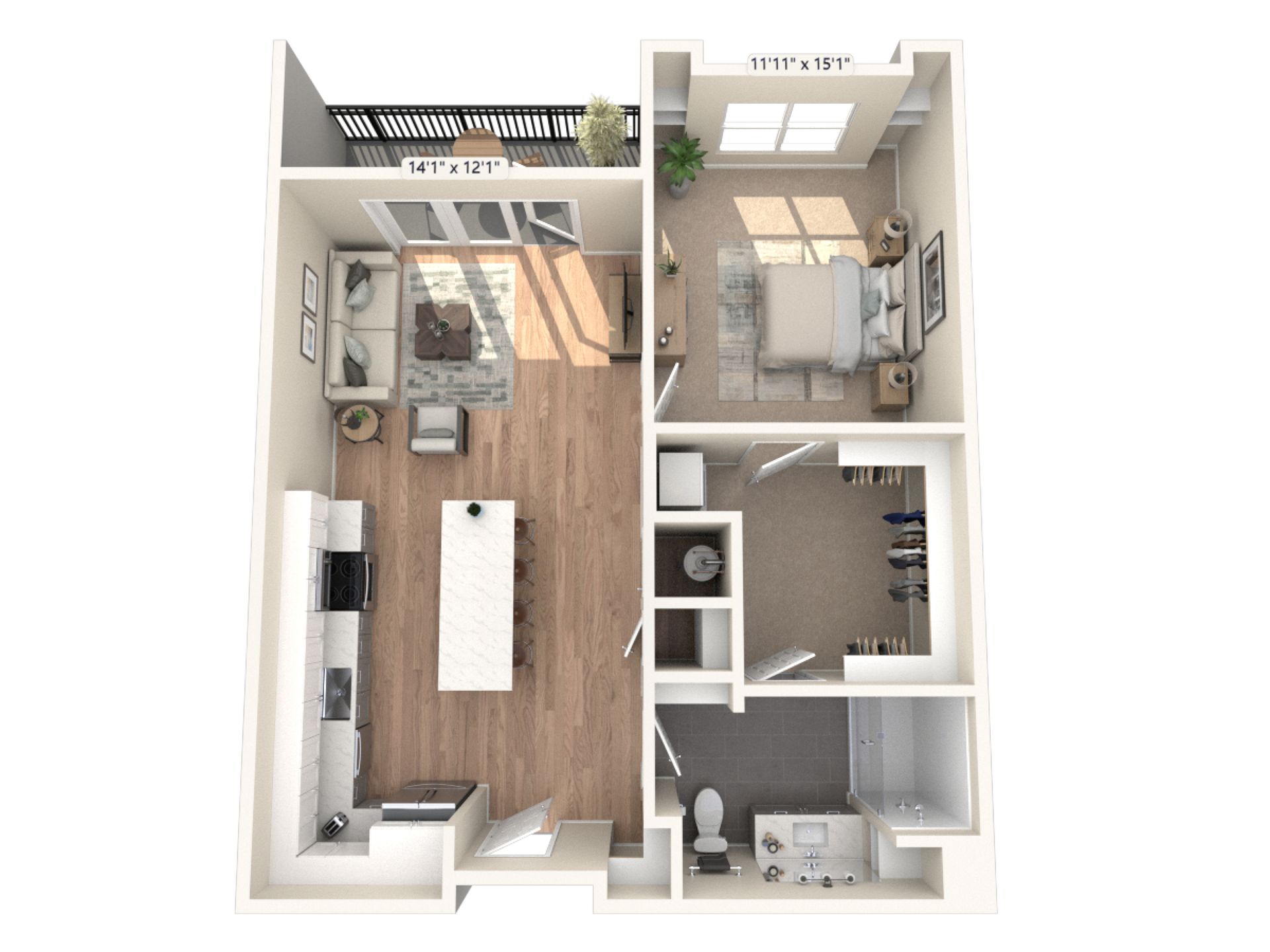 An aerial view of a floor plan of a one bedroom apartment.