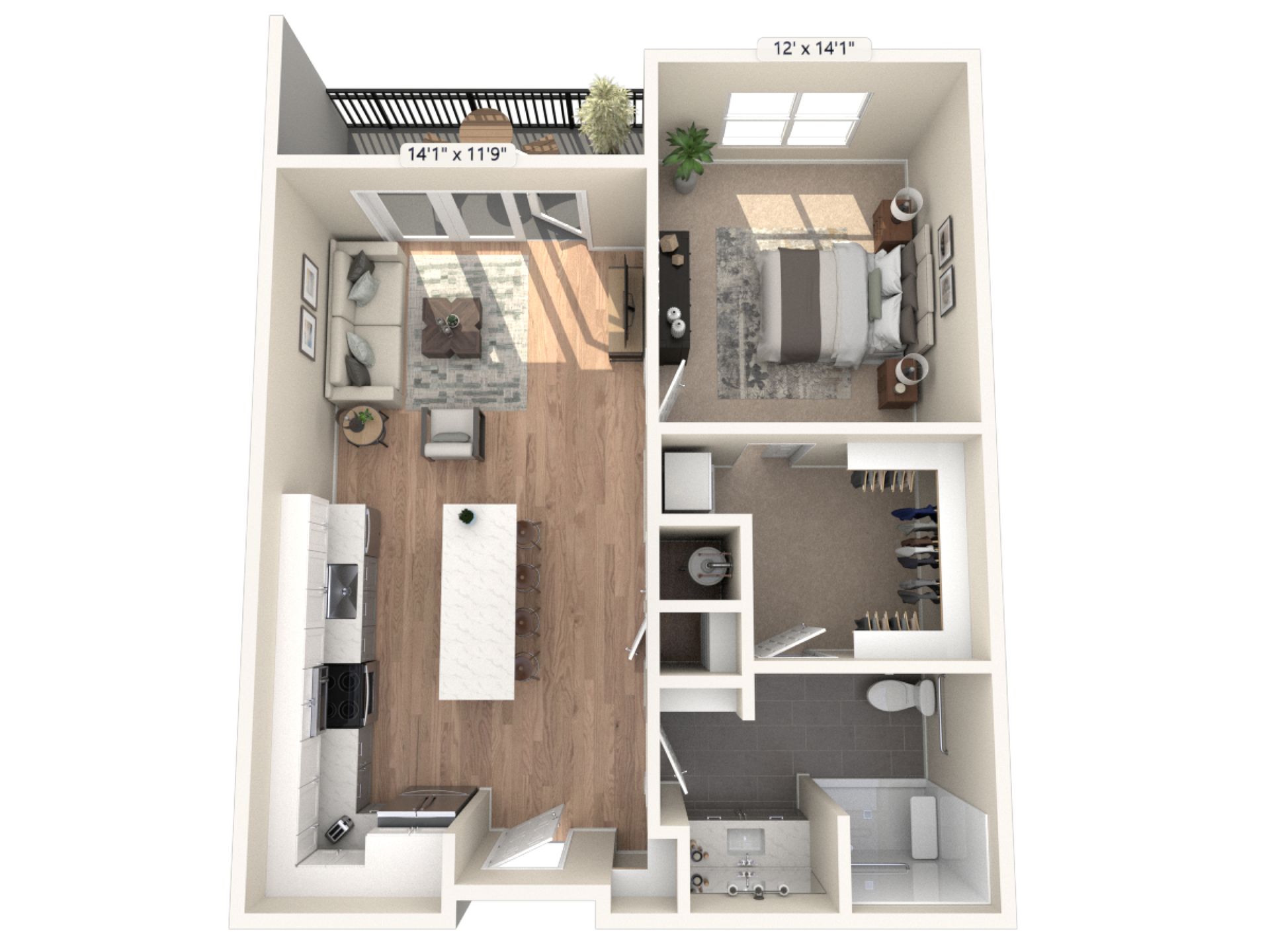 A 3d floor plan of a small apartment with a bedroom , living room , kitchen and bathroom.
