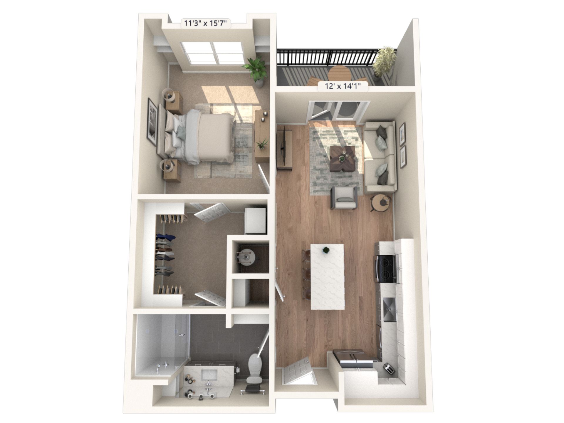 A 3d floor plan of a small apartment with a bedroom , living room , and kitchen.
