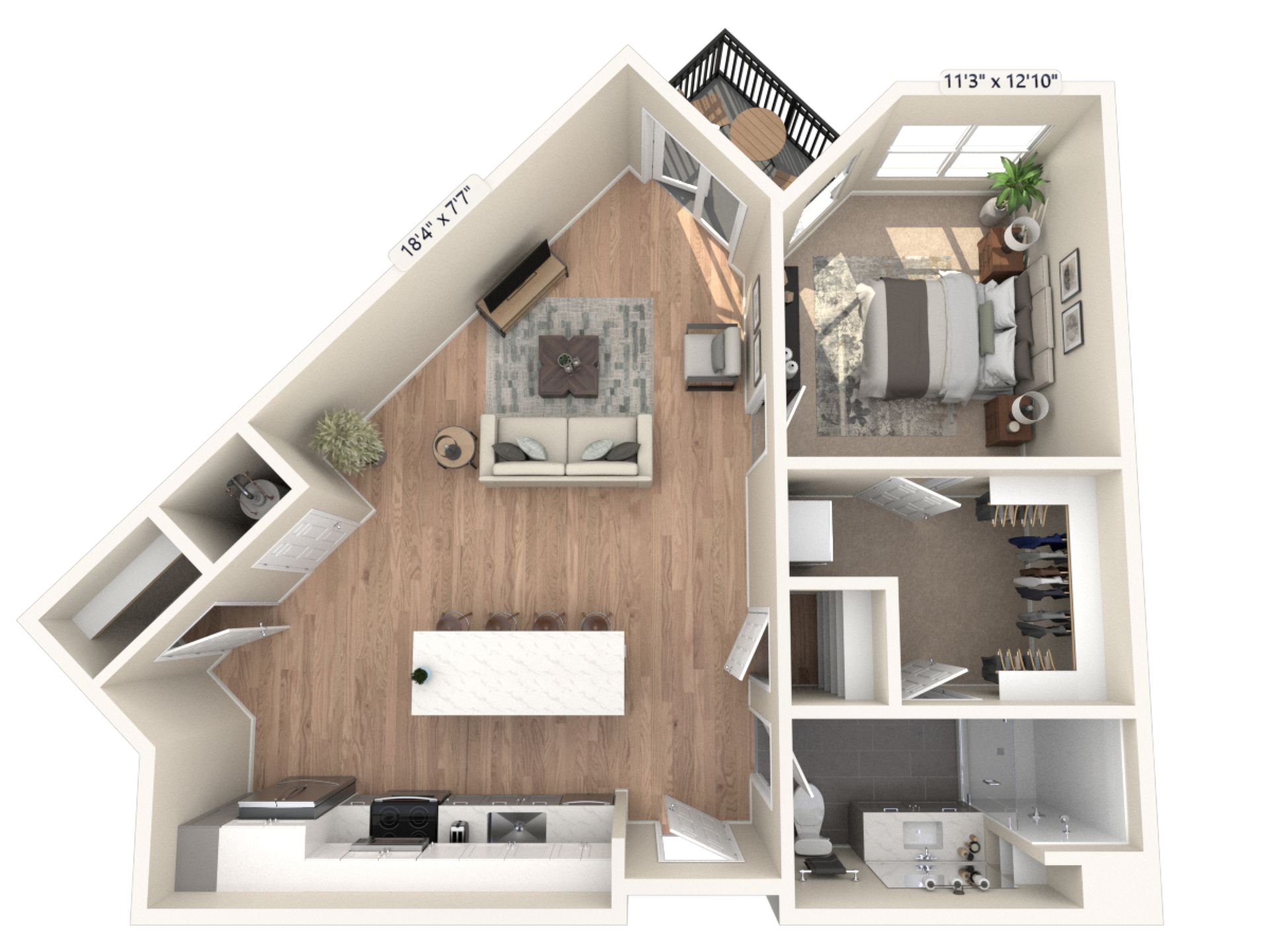 A 3d floor plan of a single bedroom apartment with hardwood floors.