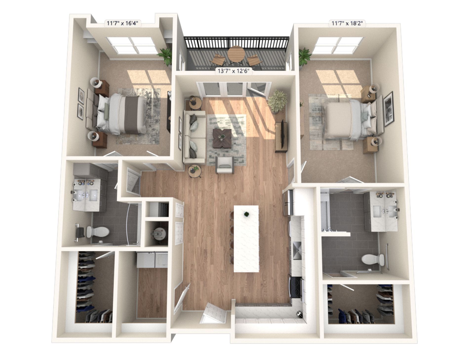 A 3d floor plan of a house with two bedrooms , a living room , and a kitchen.