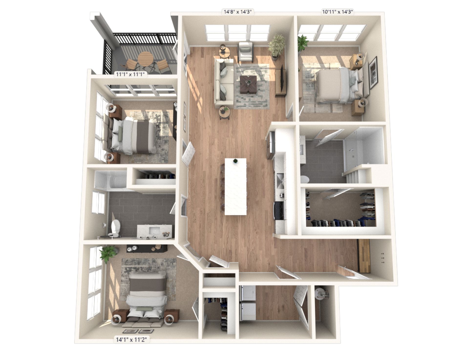 A 3d floor plan of a house with wooden floors and a balcony.
