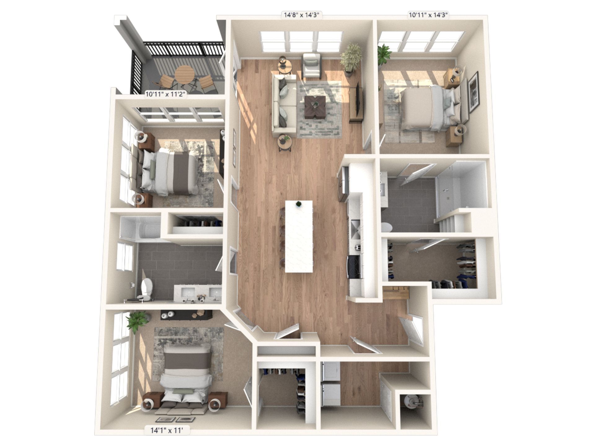 It is a 3d floor plan of a house with a lot of windows.