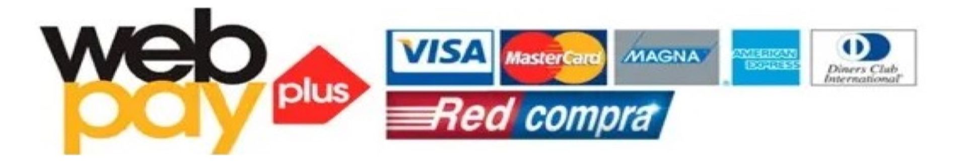 Logotipo de Webpay con los métodos de pago aceptados: Visa, Mastercard, AMEX, Diners Club y Red Compra.