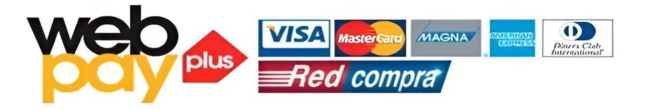 Logotipo de Webpay con métodos de pago aceptados: Visa, Mastercard, American Express, etc. Red compra incluida.