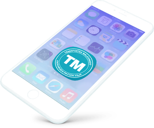 Teléfono inteligente blanco en ángulo, que muestra la aplicación con el logotipo 