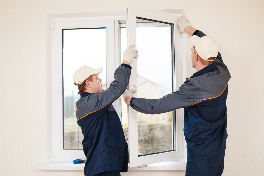 Bob and Ray installing a window in a families new home.