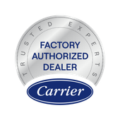 Carrier Factory Authorized Dealer seal. Silver badge with 