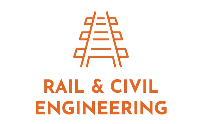a logo for rail and civil engineering with a train track icon .