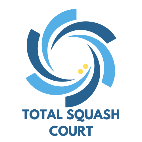 A logo for the total squash court with a blue swirl