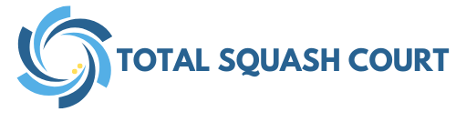 The logo for the total squash court is blue and white.