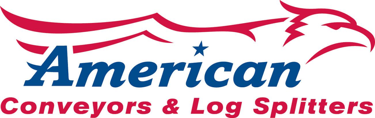 The logo for american conveyors and log splitters has an eagle on it.