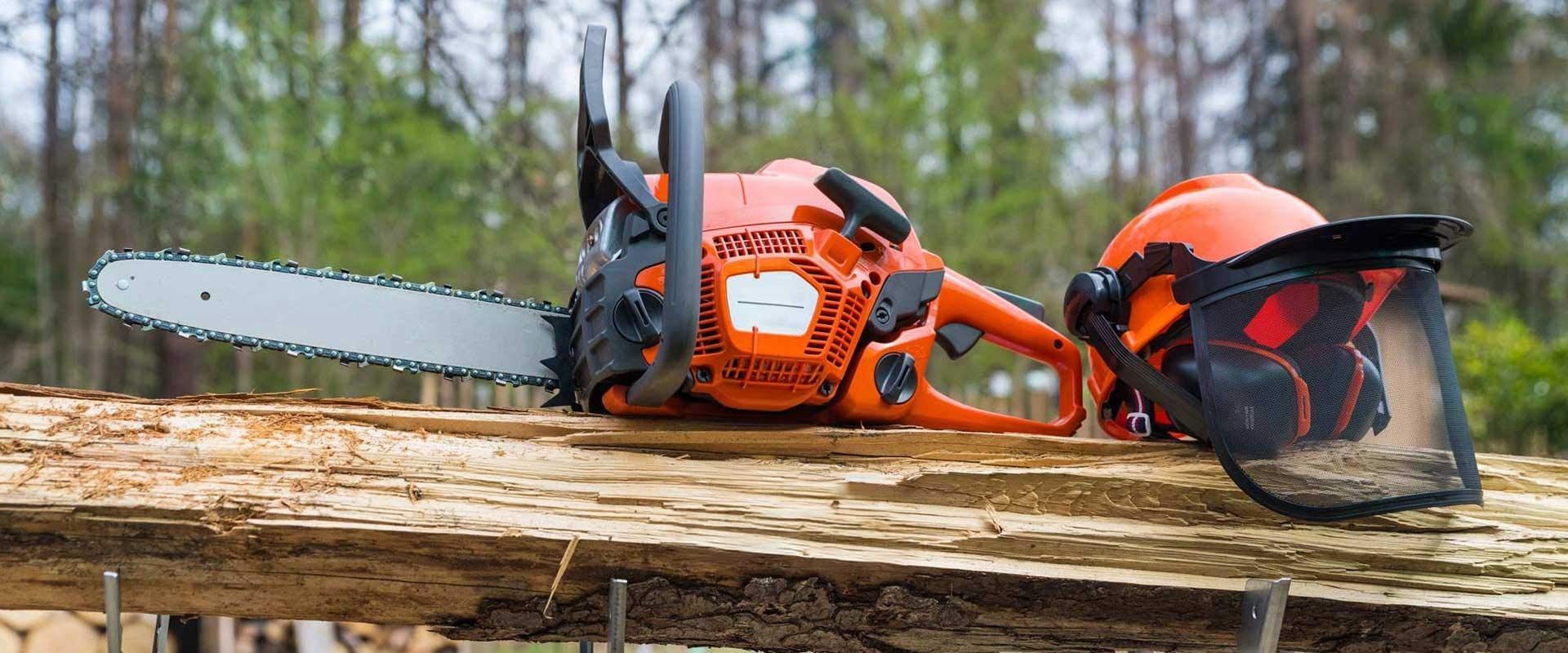 A chainsaw and a helmet are sitting on top of a piece of wood.