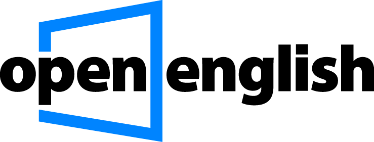 The logo for open english is blue and black with a window in the middle.