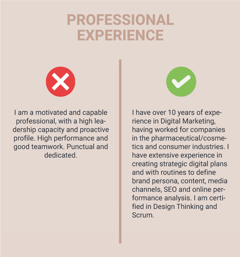 A picture of a professional experience resume with a red x and a green check mark