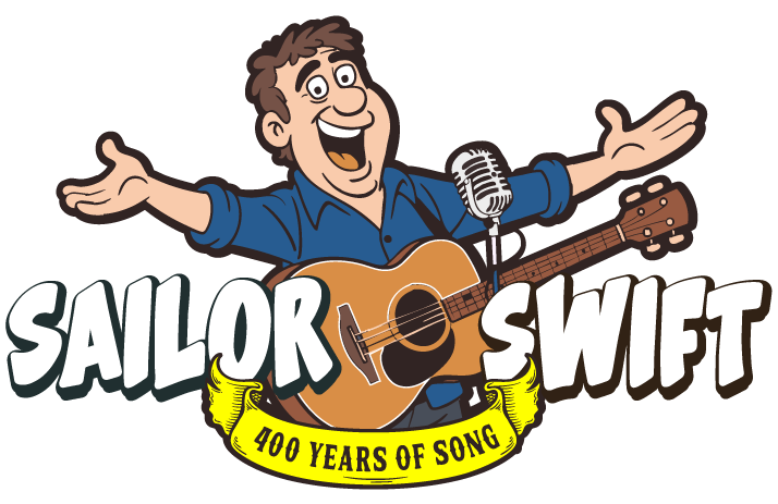 Man with guitar and microphone; logo says 