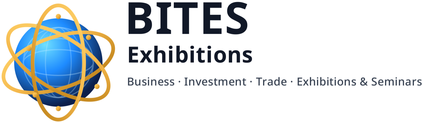 Logo of BITES Exhibitions: Blue globe inside a gold atomic symbol, black text.