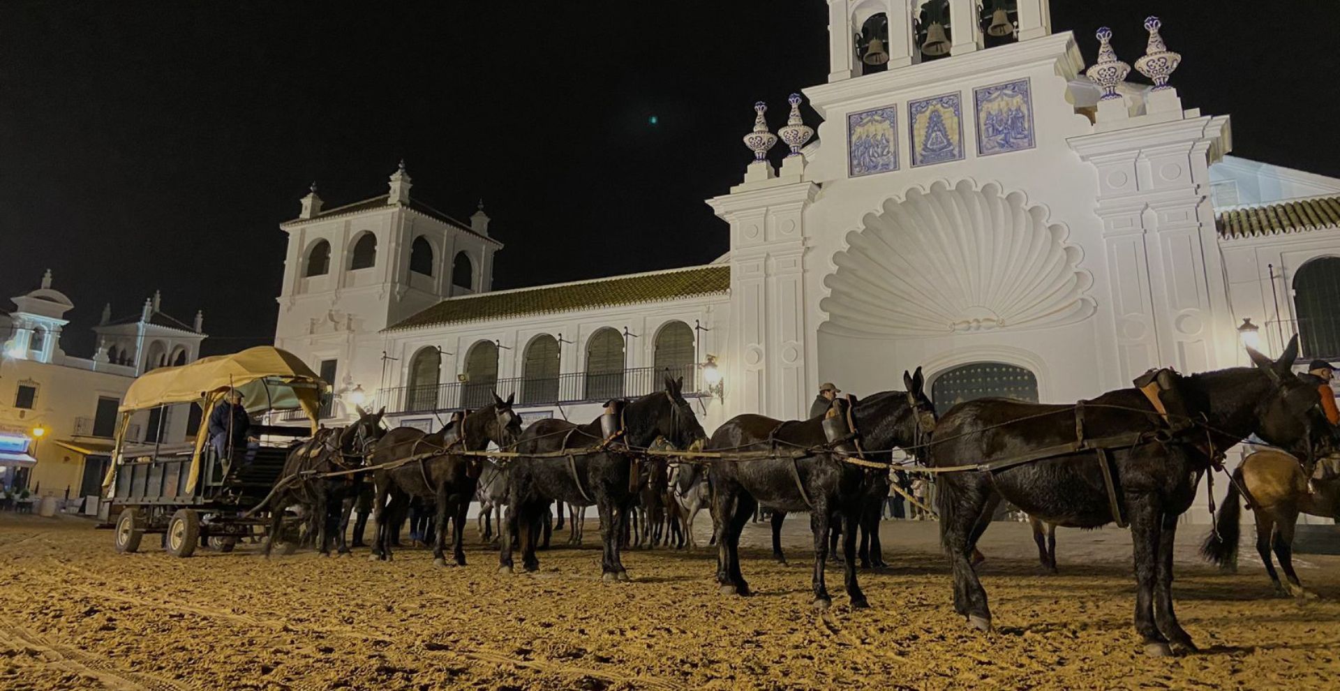 Caballos tirando de carruajes frente a un arco blanco por la noche. Una procesión de caballos, enjaezados, desfila sobre tierra.