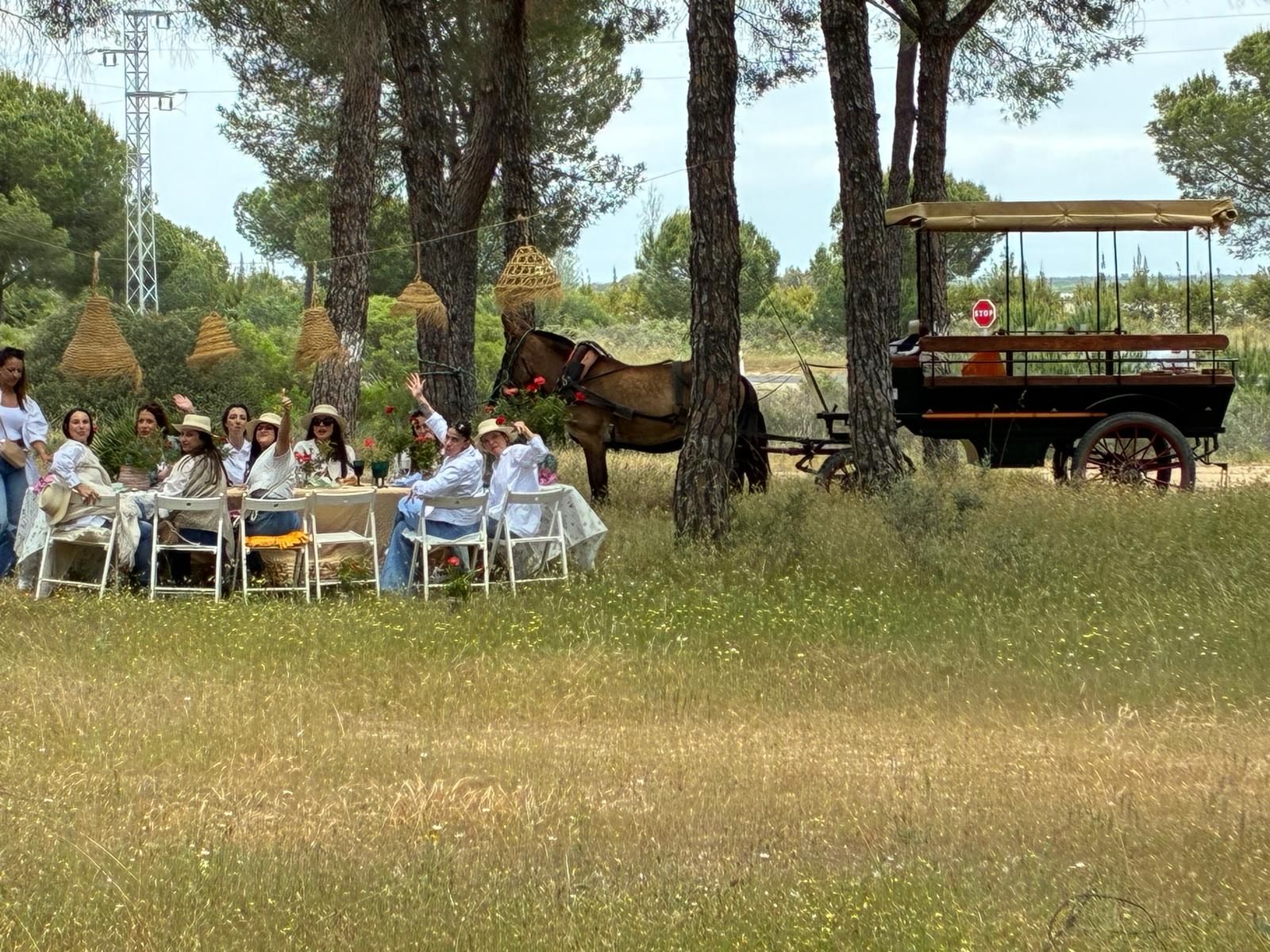 Gente en una mesa de picnic en un campo con un carruaje tirado por caballos. Los invitados comen, algunos saludan; los árboles rodean la escena.