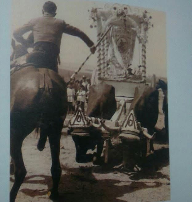 Un carruaje tirado por caballos y una mesa de comedor decorada en un campo. Los invitados están sentados a la mesa con flores, y los árboles rodean la escena.