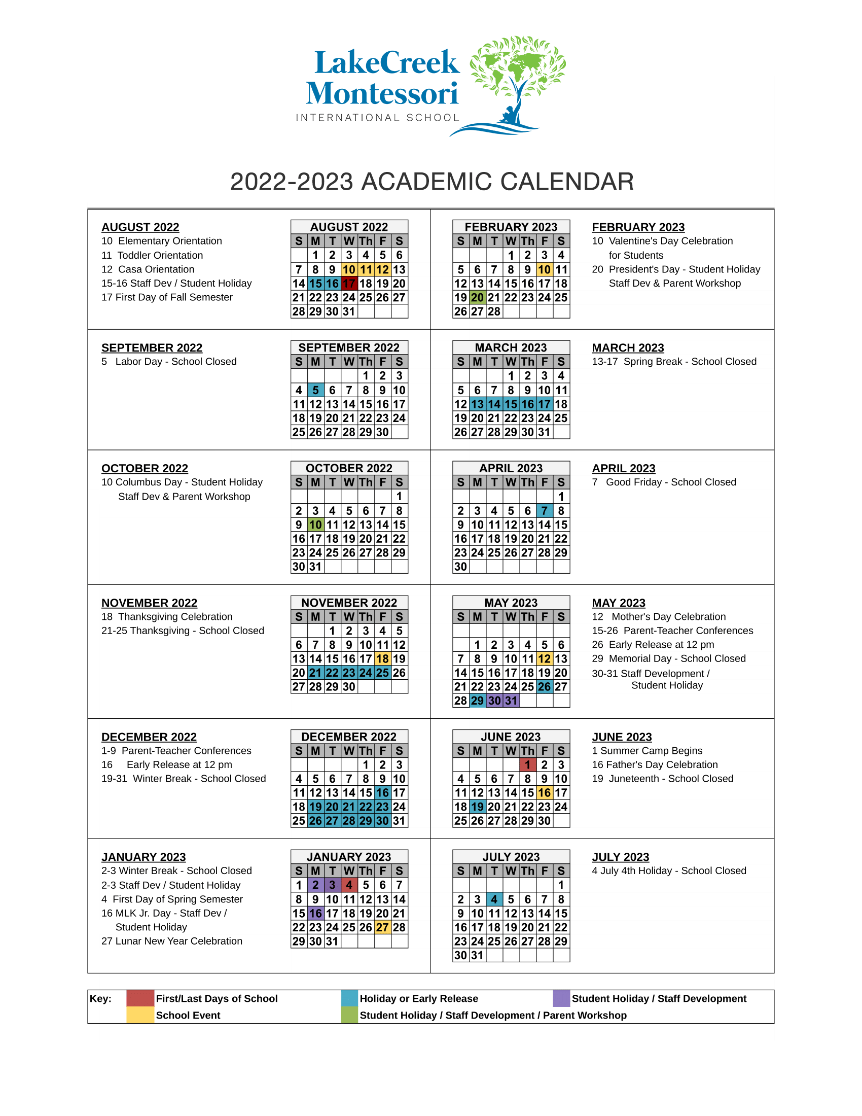 School Calendar LakeCreek Montessori International School Austin