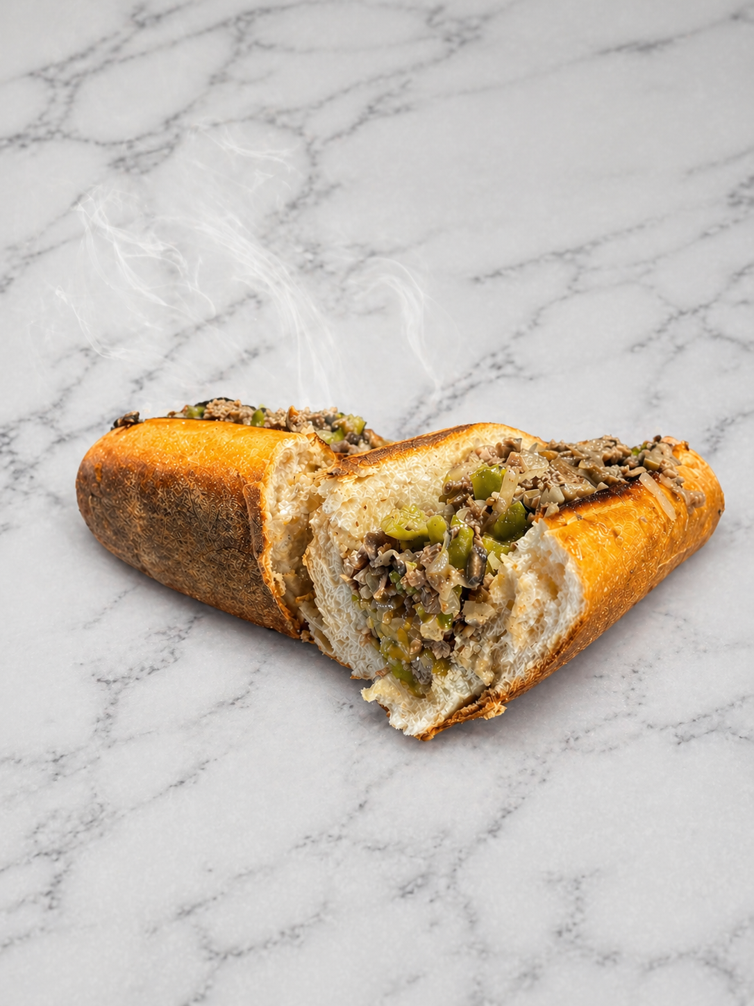 Cut sandwich with meat and green filling on a marble surface