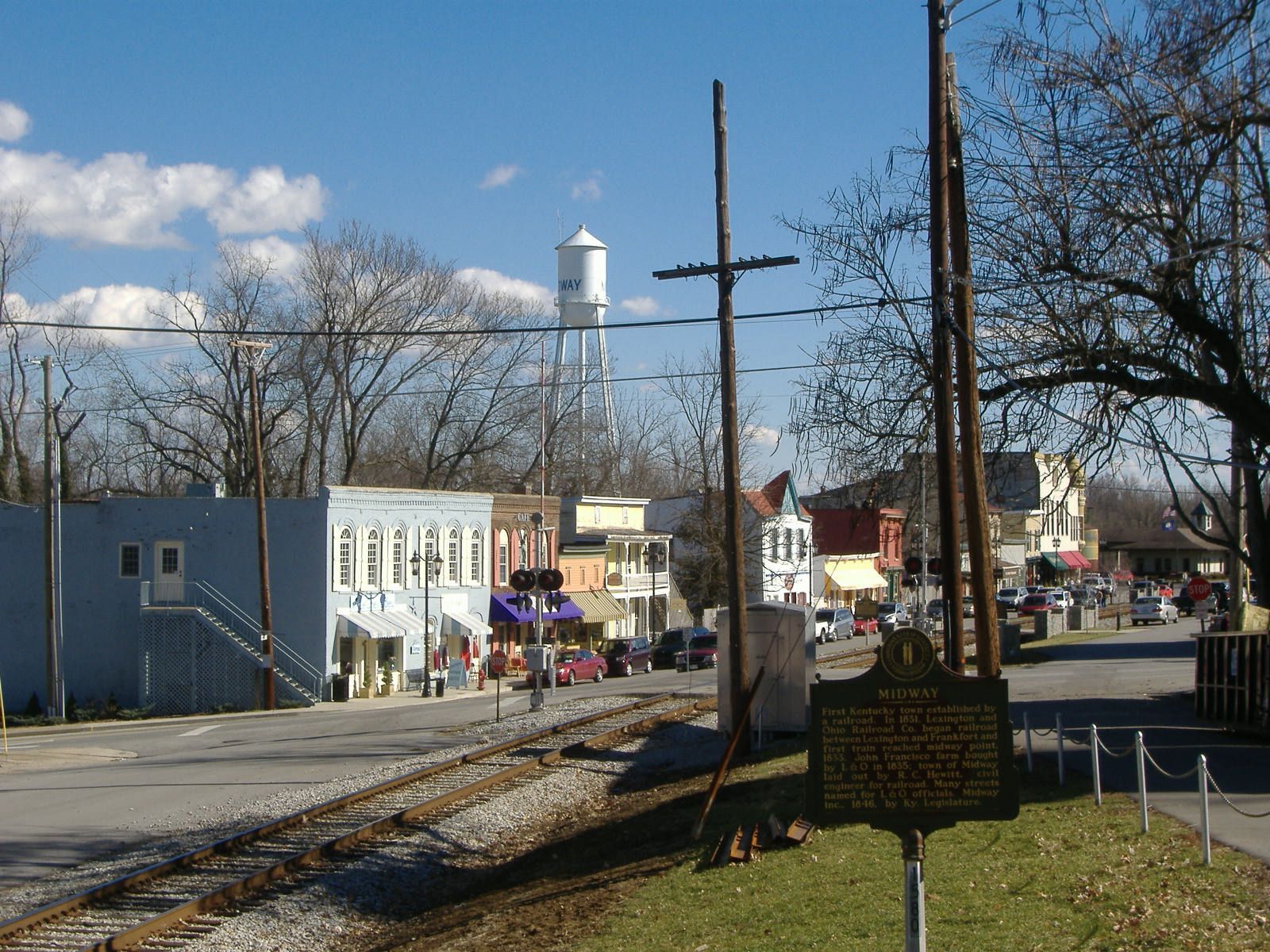 A small town with a water tower in the background