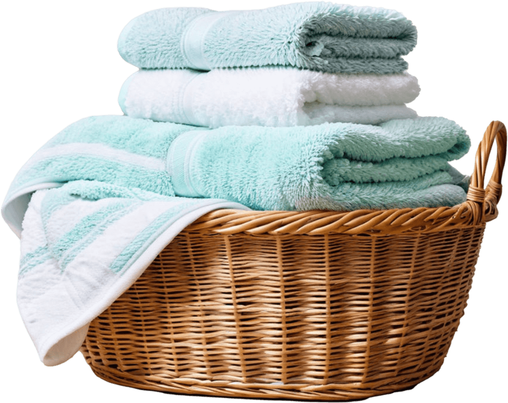 Wicker basket filled with folded light blue and white towels.